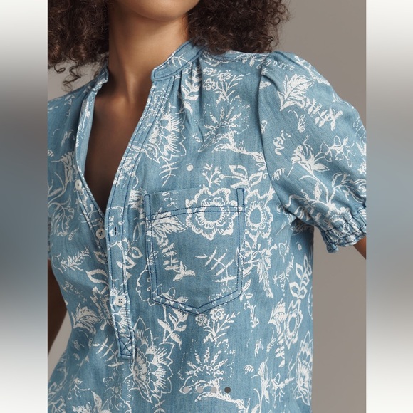 Anthropologie The Aly Puff-Sleeve Blouse by Pilcro Blue White SIZE XS NEW - Picture 4 of 7